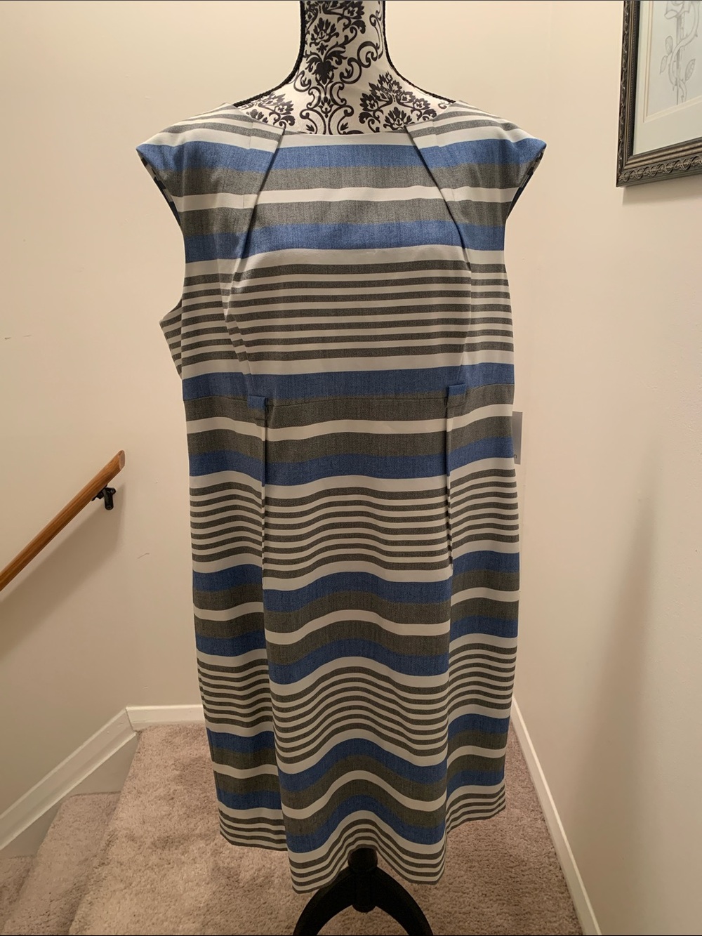 Calvin Klein Blue and Gray Striped Cap-Sleeve Shift Dress